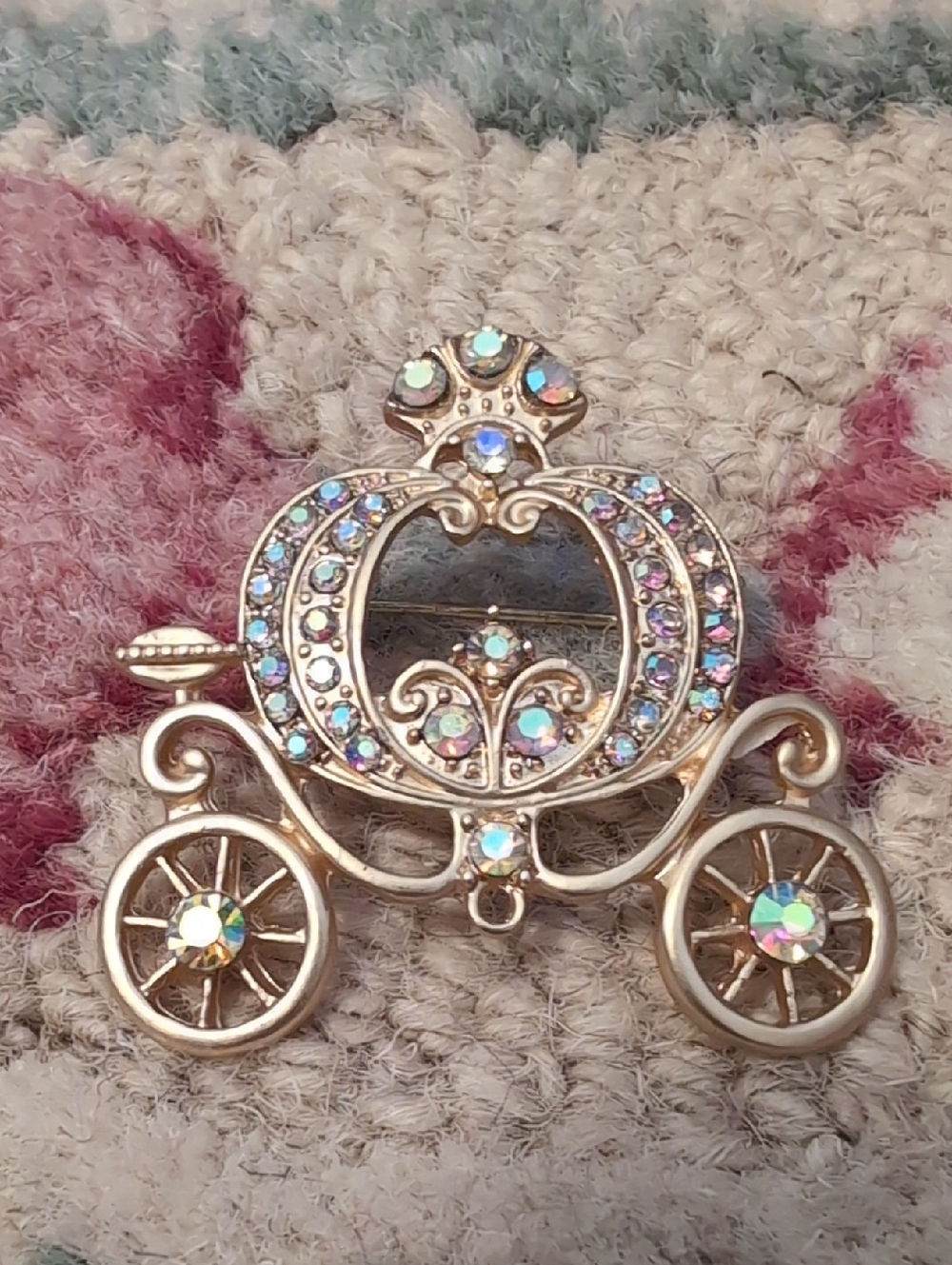 Gold-Tone Fairy Tale Carriage Brooch with Aurora Rhinestones